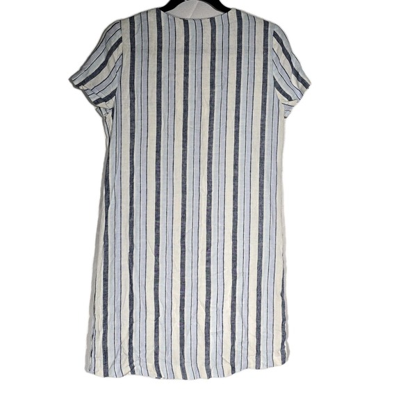 Madewell Women's XS Linen Shift Dress Blue White Stripe V-Neck Side Buttons - Picture 4 of 7